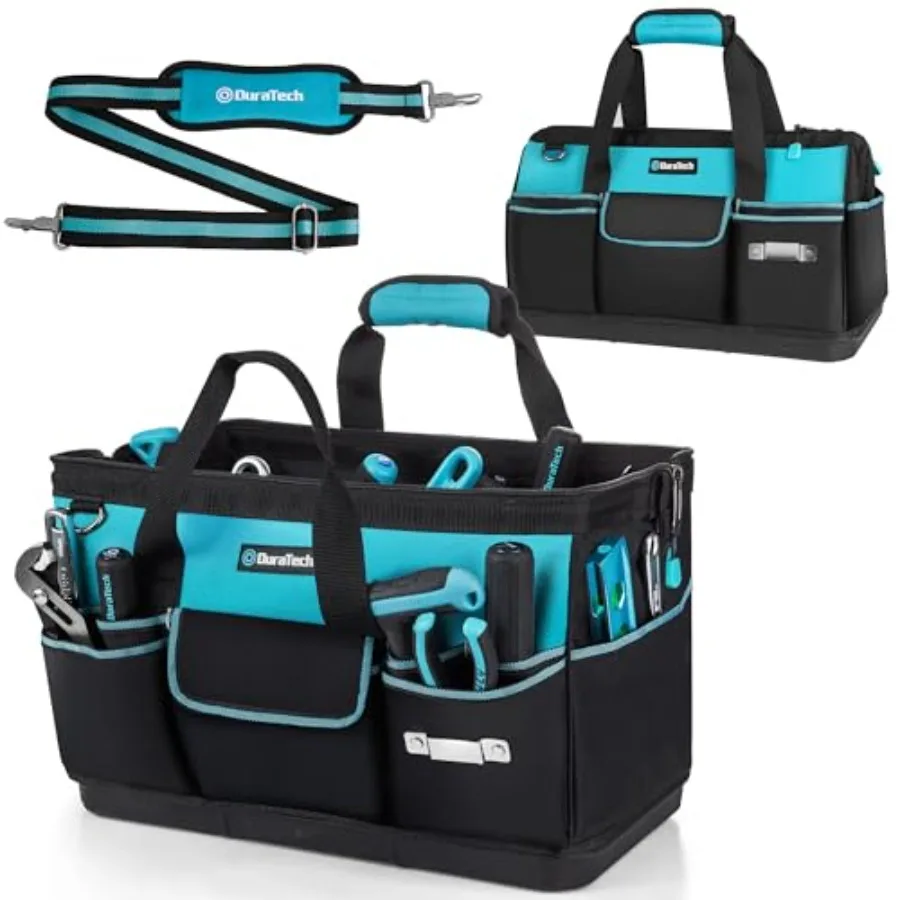 

Large Tool Bag with Waterproof Hard Bottom Tool Bags for Men Heavy Duty with 19 Pockets Wide Open Mouth Toolbag for Electrician