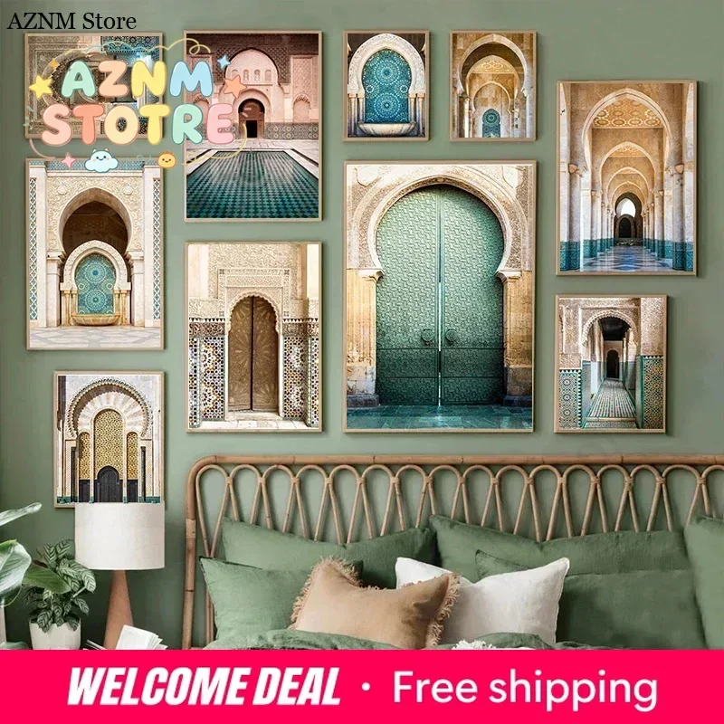 Moroccan Door Arab Canvas Print Islamic Muslim Wall Architectural Wall Art Poster for Living Room Bedroom Eid Al-Fitr Home De