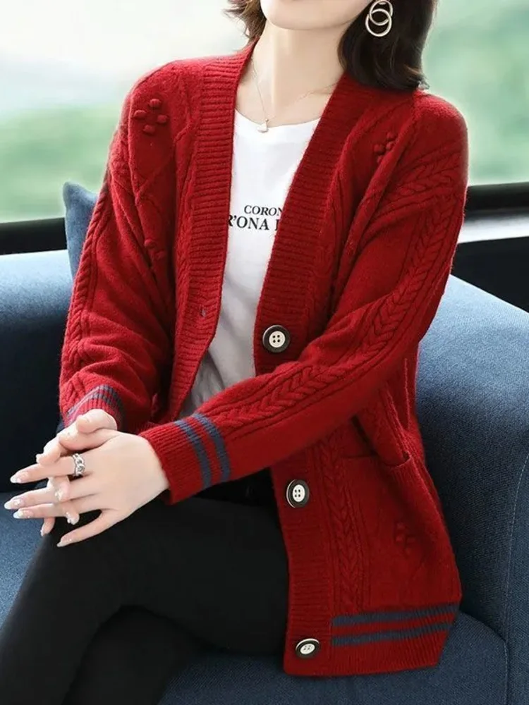 Women Casual Long Sleeve Knitted Sweater Coat Stripe Korean Fashion Cardigan Tops Vintage Single-breasted Clothing New