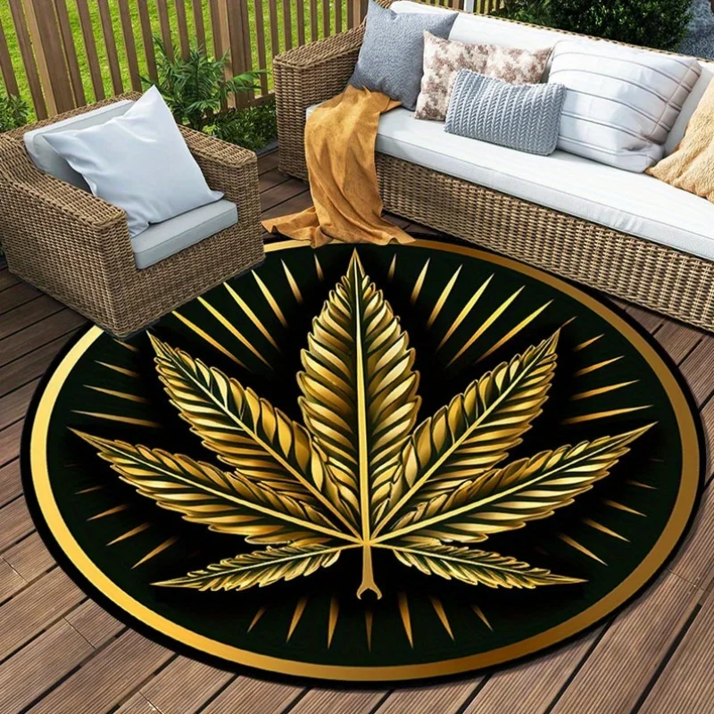 Weed Penta Leaf Round Rug, Non-Slip Flannel Polyester Carpet for Living Room Bedroom Kitchen Bathroom Home Decor Mat