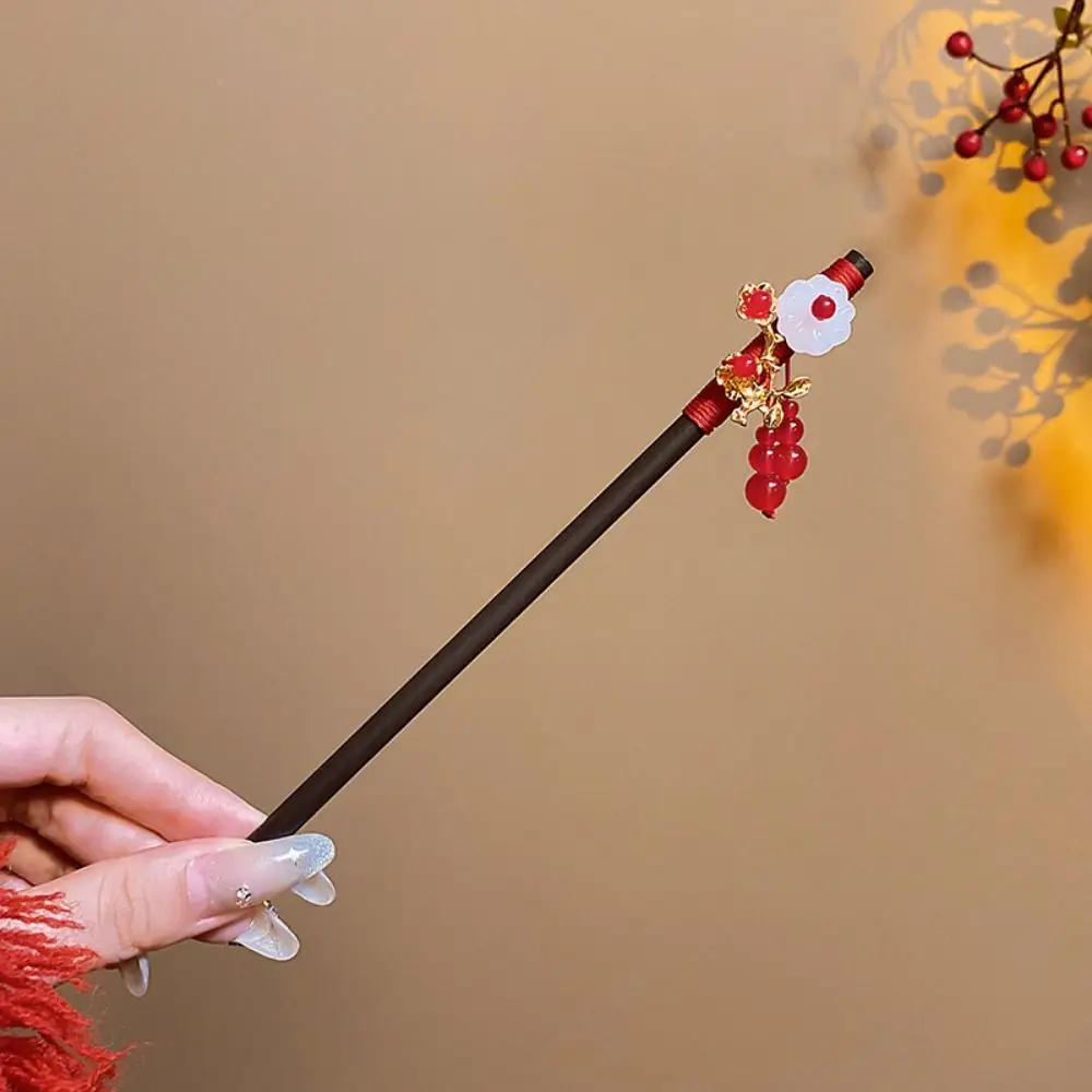 

Antique Flower Wooden Hair Stick Red New Year Hanfu Hairpin Hair Fork Hair Sticks for Buns Cheongsam Accessories