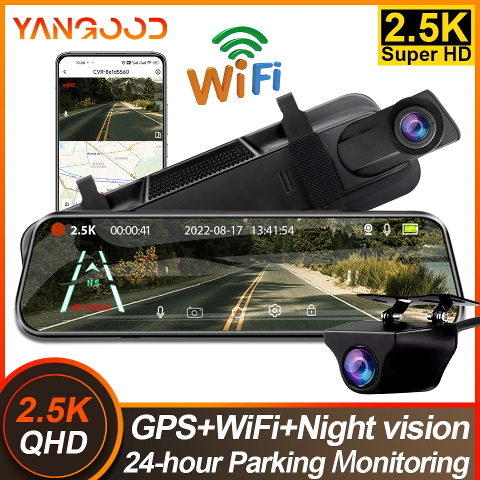 Yangood 2.5K Dashcam 10 ''جهاز تسجيل فيديو رقمي بالسيارات مرآة كاميرا مسجل فيديو الرؤية الخلفية دعم WIFI GPS للرؤية الليلية 24H وقوف السيارات الصندوق الأسود #1