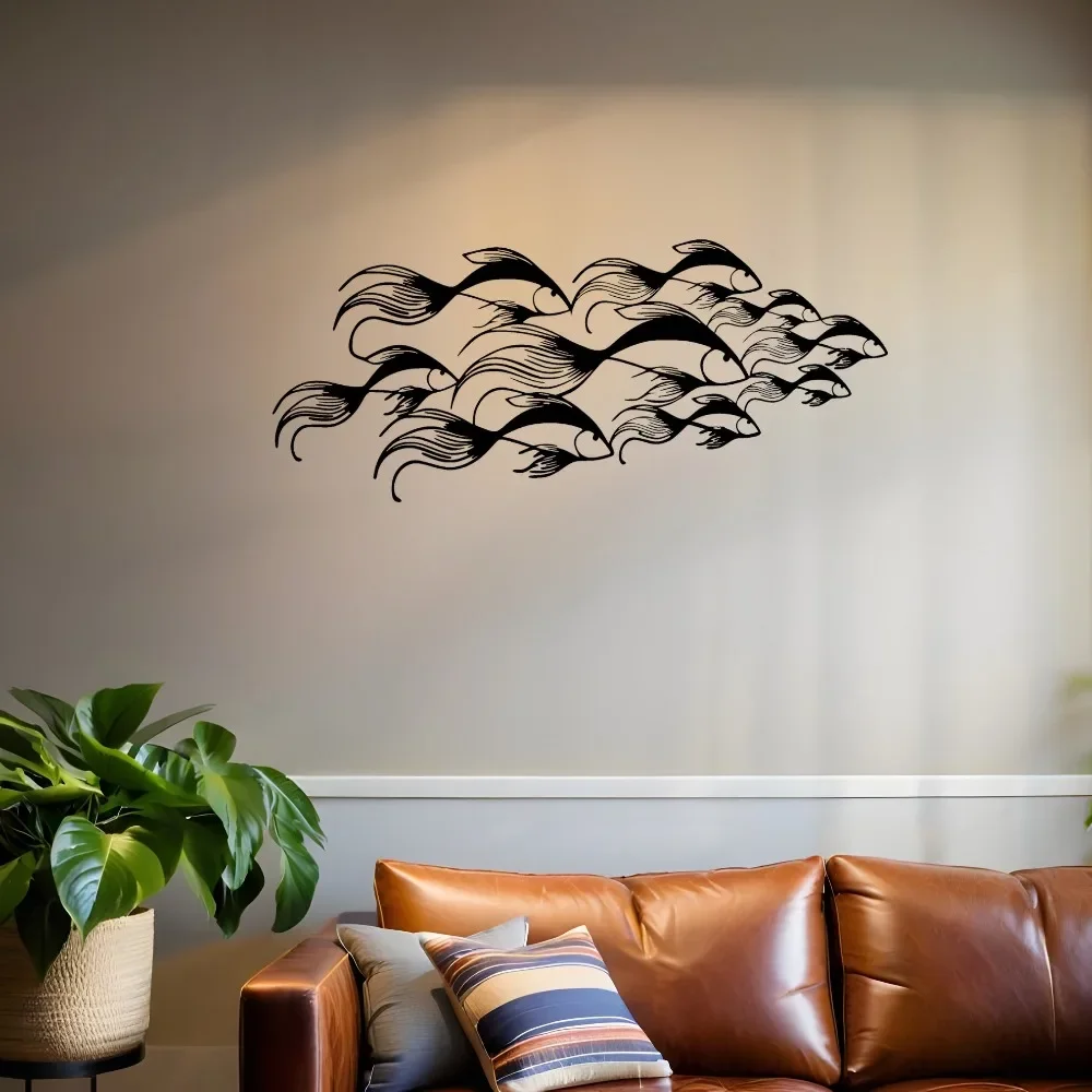 CIFBUY Iron Wall Art Heavy Duty Metal Fish School Decor Laser Cut Horizontal Panel Modern Ocean Aquatic Plants Home Hanging