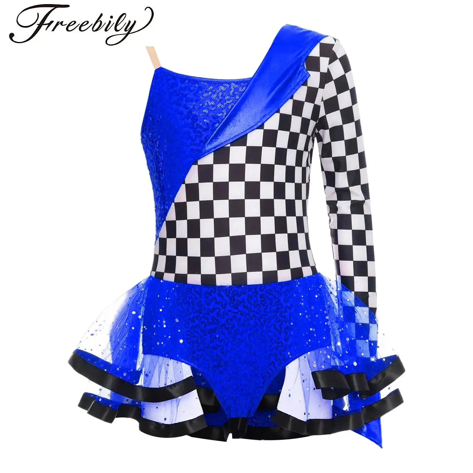 

Girl Shiny Sequin Ballet Tutu Dress One Shoulder Checkerboard Racer Jumpsuit Costume Halloween Cosplay Race Car Driver Dancewear