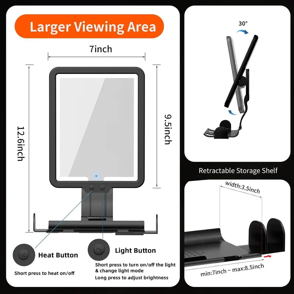 مرآة دش مضادة للضباب مع 3 أوضاع إضاءة، 9.5 × 7 بوصة، قابلة لإعادة الشحن، صينية تخزين وحوامل ماكينة حلاقة للحلاقة الخالية من الضباب #5