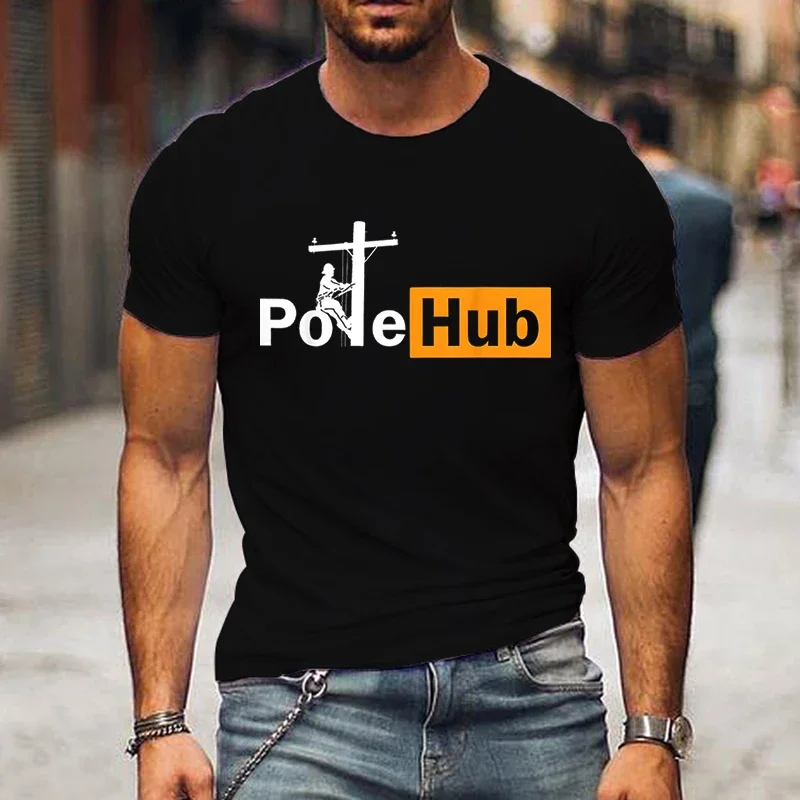 Summer Men's T-shirt Top Pole Hub Lineman Line Worker Utility Pole Funny Lineman Fun T-shirt Short Sleeve Comfortable Tshirt Top