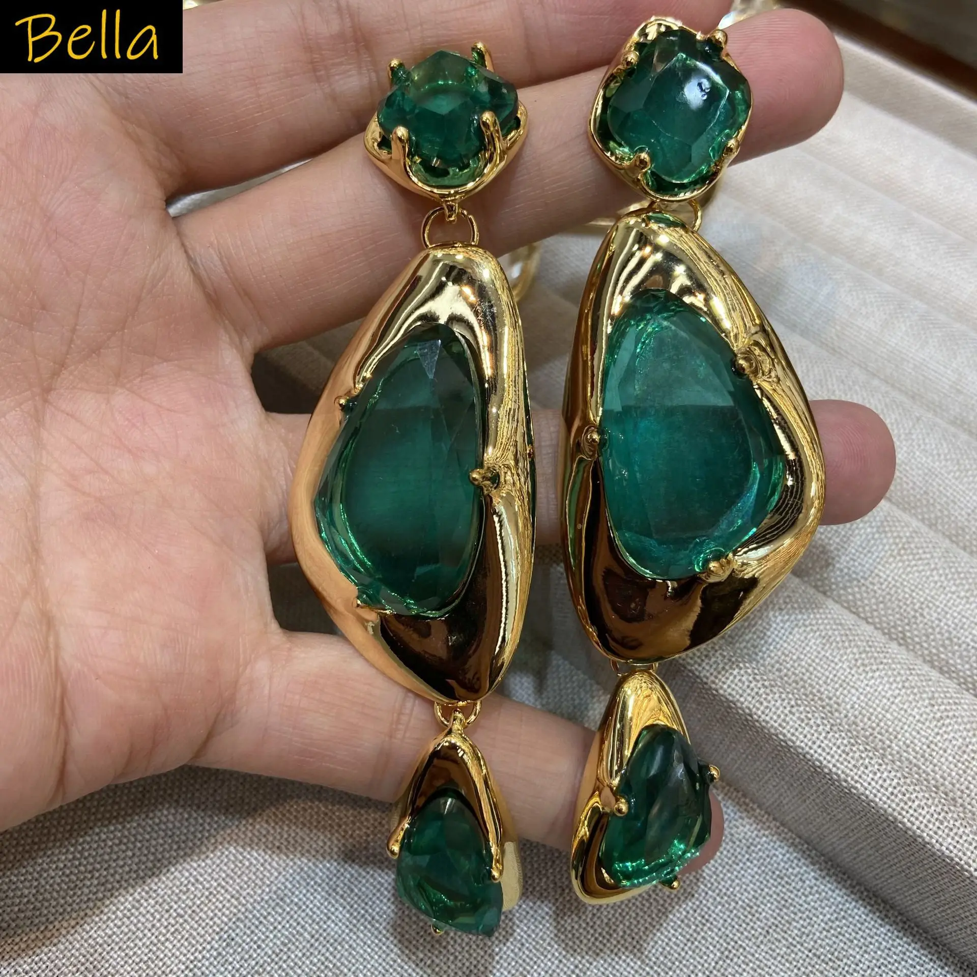 

Bold Emerald Green Crystal Statement Drop Earrings, Gold Plated Irregular Dangles Amethyst Ruby Retro Chic