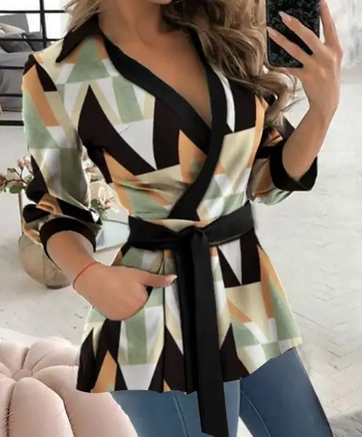 Fashion Woman Blouse 2023 Spring Butterfly Print Casual Turn-Down Collar Long Sleeve Tie Detail V Neck Pocket Design Daily Shirt