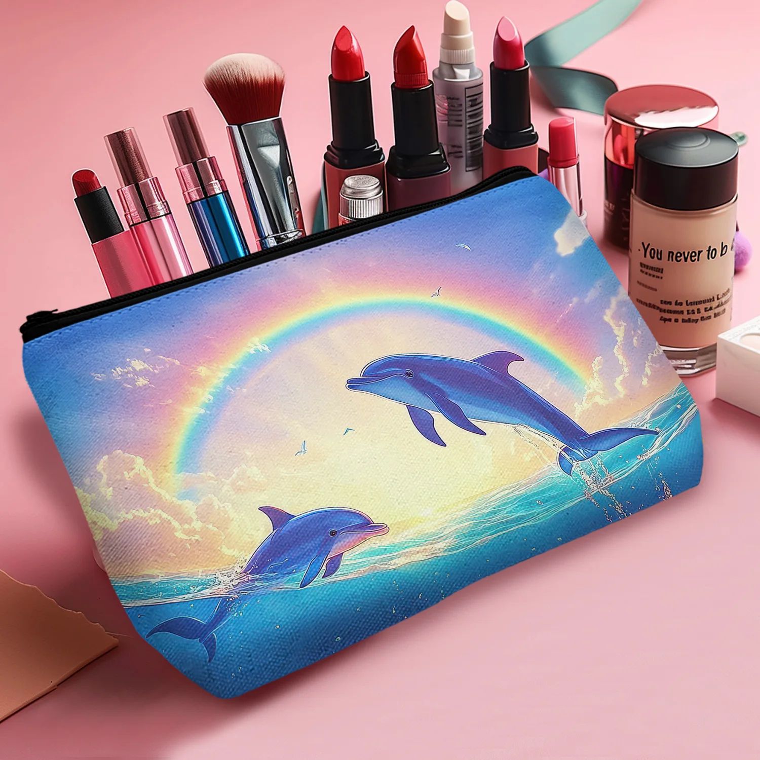 1Pc Rainbow Dolphin Makeup Bag Cute Small Organizer Bag With Zipper Lovely Dolphins Cosmetic Bag Birthday Gifts For Dolphin