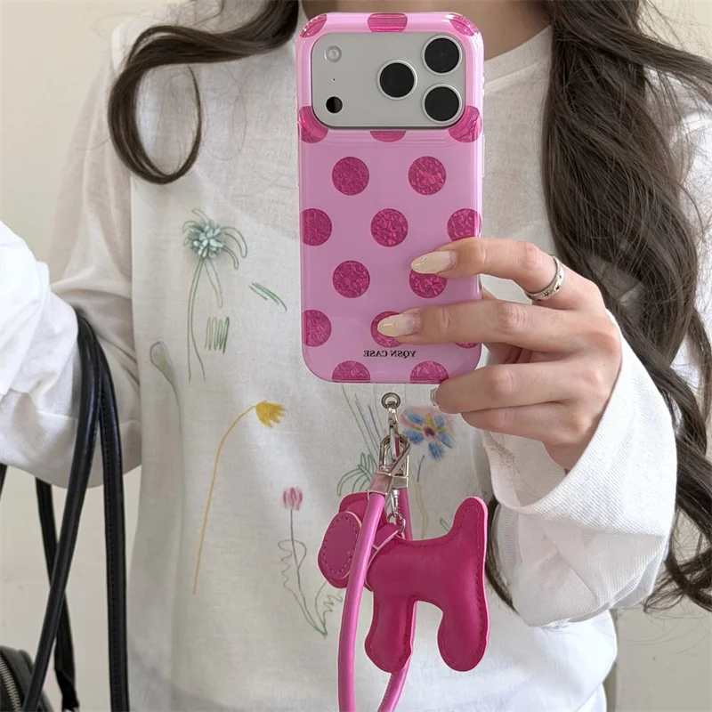 Minimalist Polka Dot Phone Case with Dog Charm for iPhone 15 16 17 Pro Max Shockproof Protective Cover Polka Dot Case funda ipho