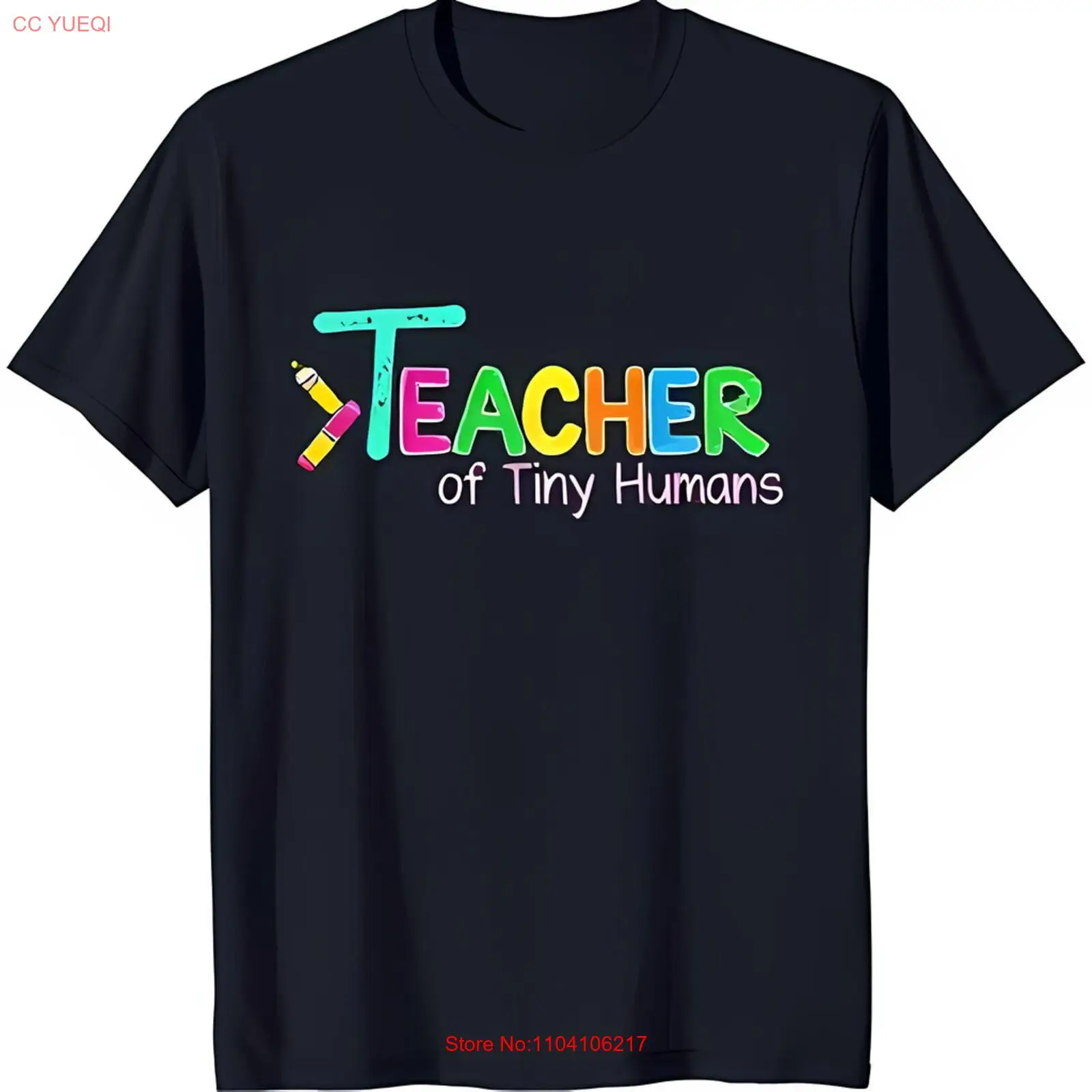 Colorful 'Teacher of Tiny Humans' Black T-Shirt with & Crayon Design