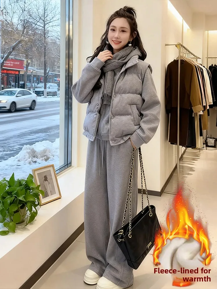 

Thiened Fce Lazy Sle женский комплект из футболки с высокой талией, широкие брюки, жилет с капюшоном, зимнее новое поступление, повседневная спортивная одежда