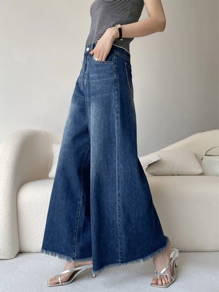 Fashion Blue Big Horn Jeans Women's 2024 Spring Autumn New Slim American High Street Tassel Hem Wide Leg Pants