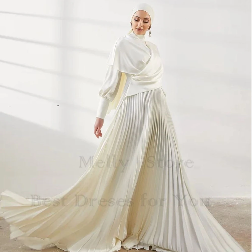 

Cream Muslim Evening Dresses Pleat Full Sleeve Court Train New High Neck Prom Gowns 2023 Summer New Sparkle Robe De Soirée