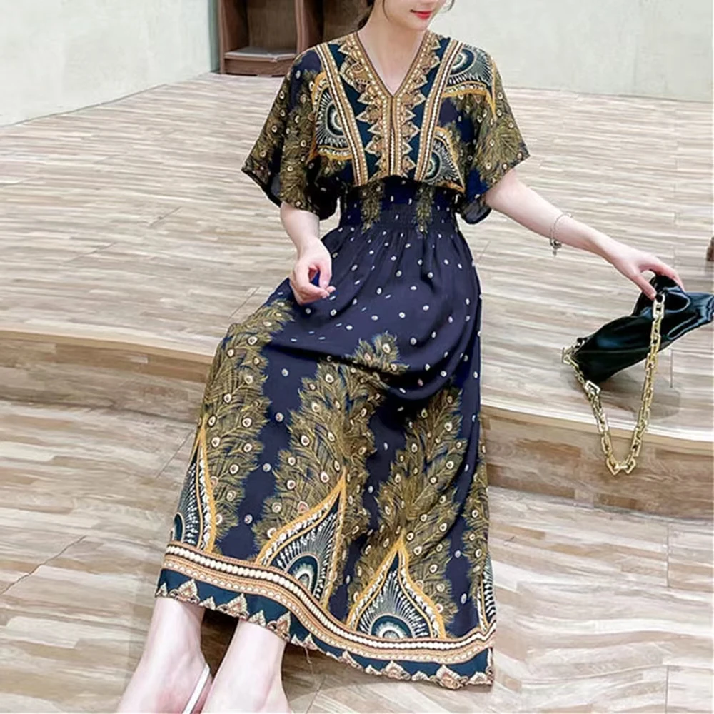 vestido-midi-floral-estampado-plus-size-bohemia-doce-casual-elegante-com-decote-v-decote-canoa-manga-curta-cintura-elastica-e-barra-ampla-novo
