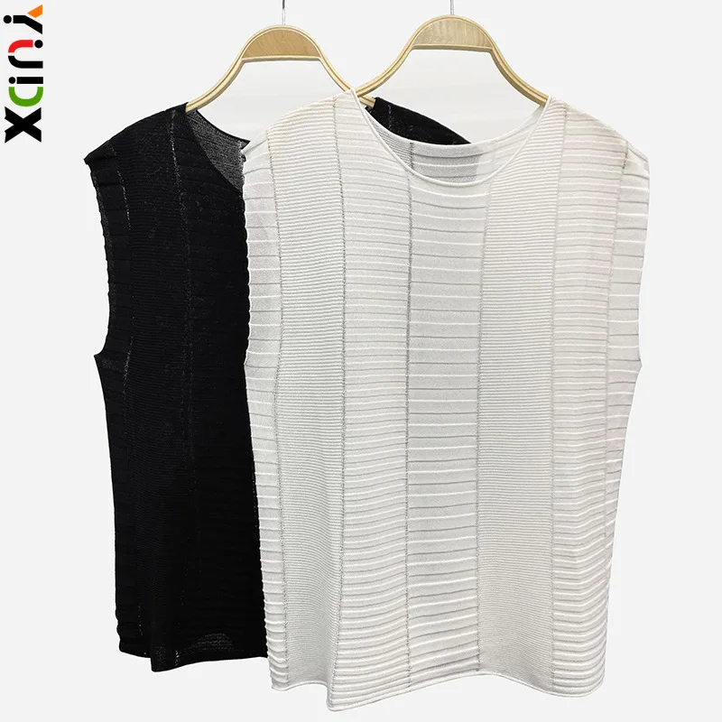 

Miyake Summer Breathable Women's Solid Knitwear Fashionable Sleeveless T-shirt Loose Stripes Thin Section Casual Tops 2024 New