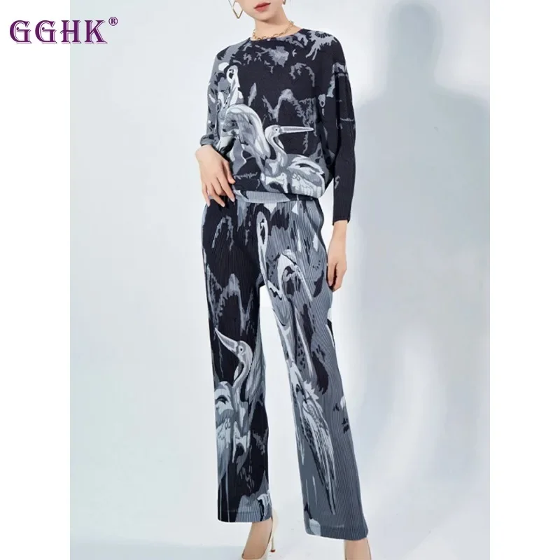 

GGHK Miyake Pleated Women New Set Round Neck Long Sleeve Vintage Design Top + High Waisted Stretchy Casual Folded Pants