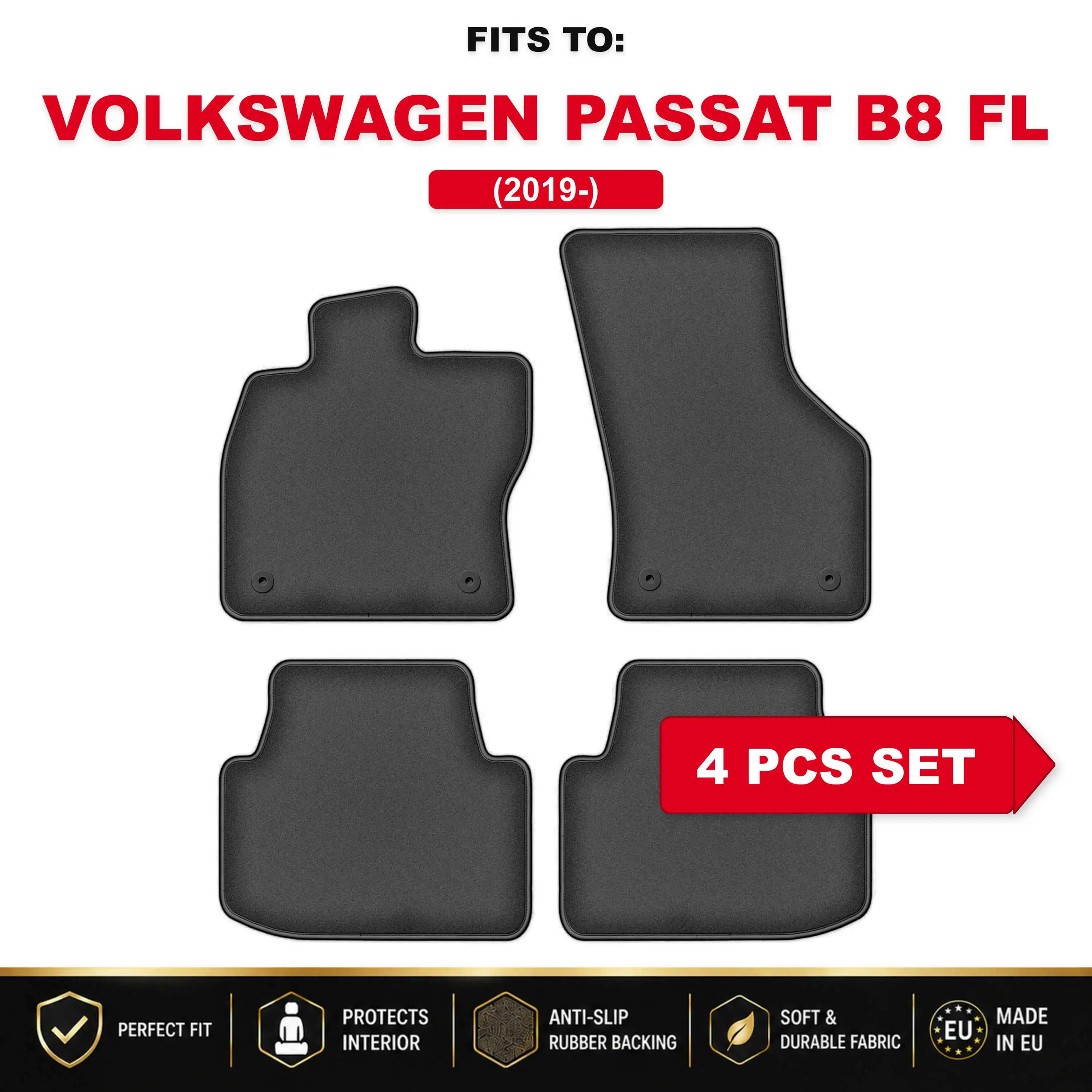 PREMIUM auto-velourmatten voor: Volkswagen Passat B8 FL 2019 - in de auto passende automattenset