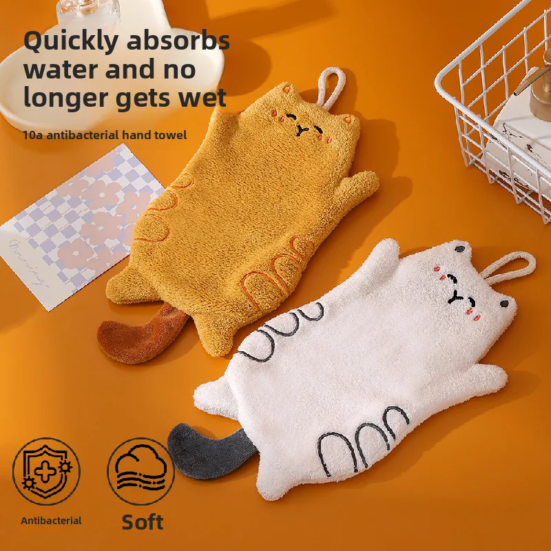 Cute Cat Rice Grain Pattern Coral Fleece Towel Dual Use Hanging Square Towel Absorbent Quick Dry Kitchen Gift Hand Cloth