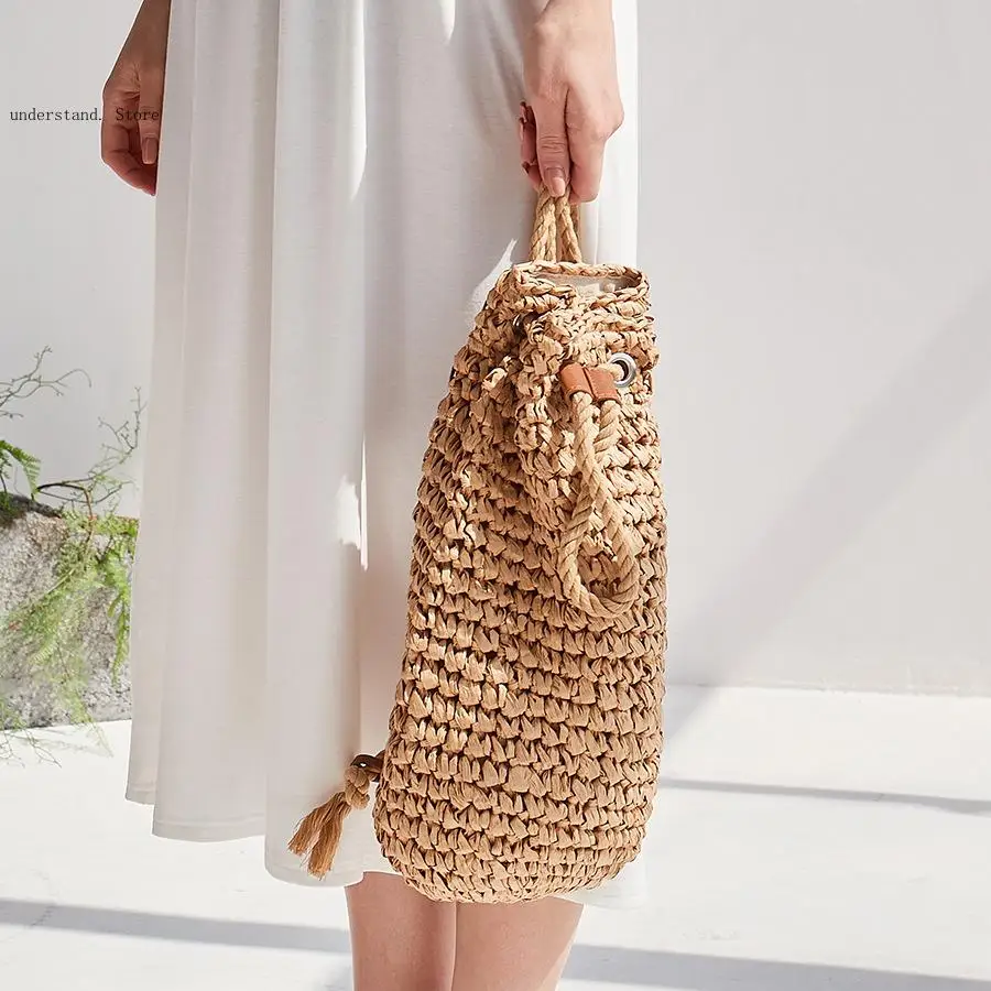 Picture 5: Handmade Drawstring Beach Shoulder Bags Raffia Rattan Woven Travel Handbags Bali Lady Backpacks Summer Straw Backpack for Women