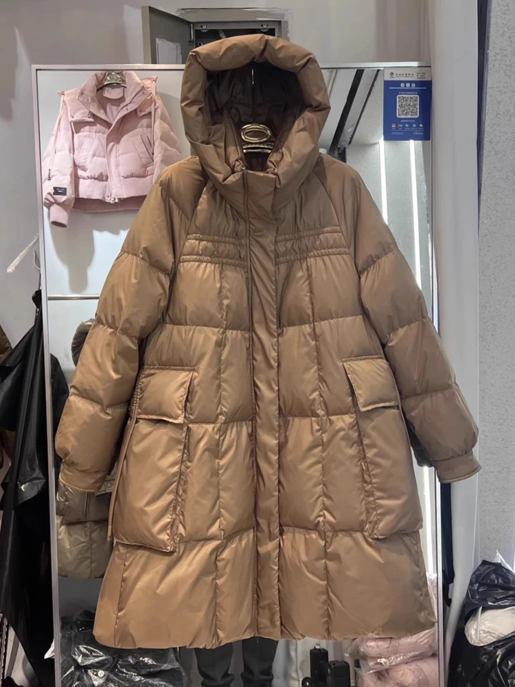 2025 inverno novo comprimento médio para baixo jaqueta feminina na altura do joelho com capuz solto grosso capa bolso grande pato branco para baixo jaqueta