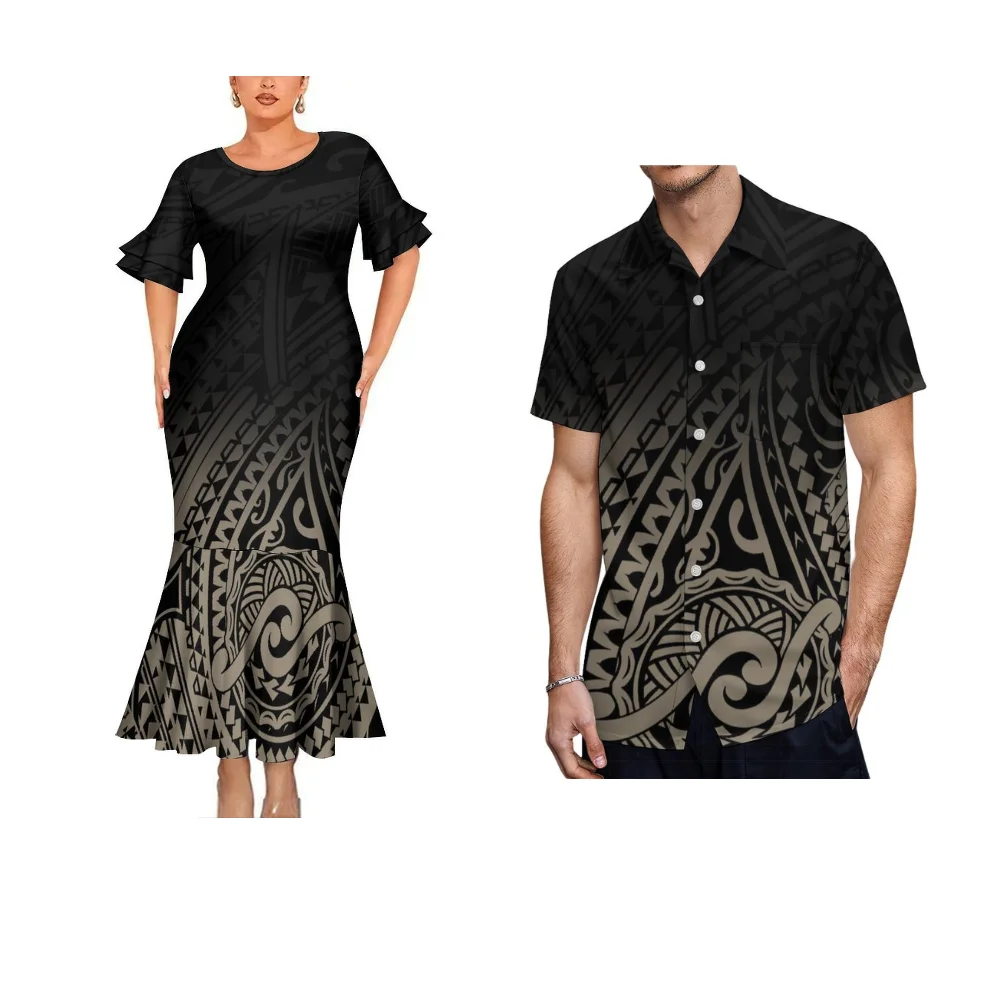 Polynesian Tribal Women Fashion Dress Couple Suit Women Elegant Fishtail Skirt Men Fashion Pocket Shirt Samoa Island Dress