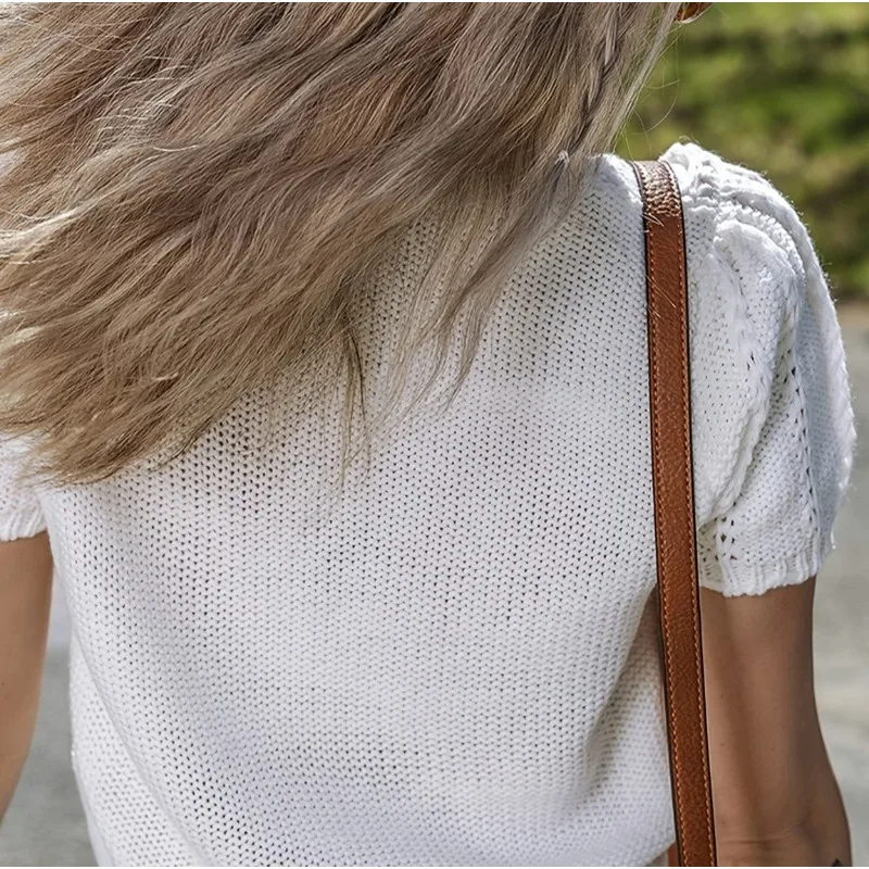

Sweet Fashion French Crew Neck Mesh Hollow Weave Short Sleeve Knitted Sweater Top