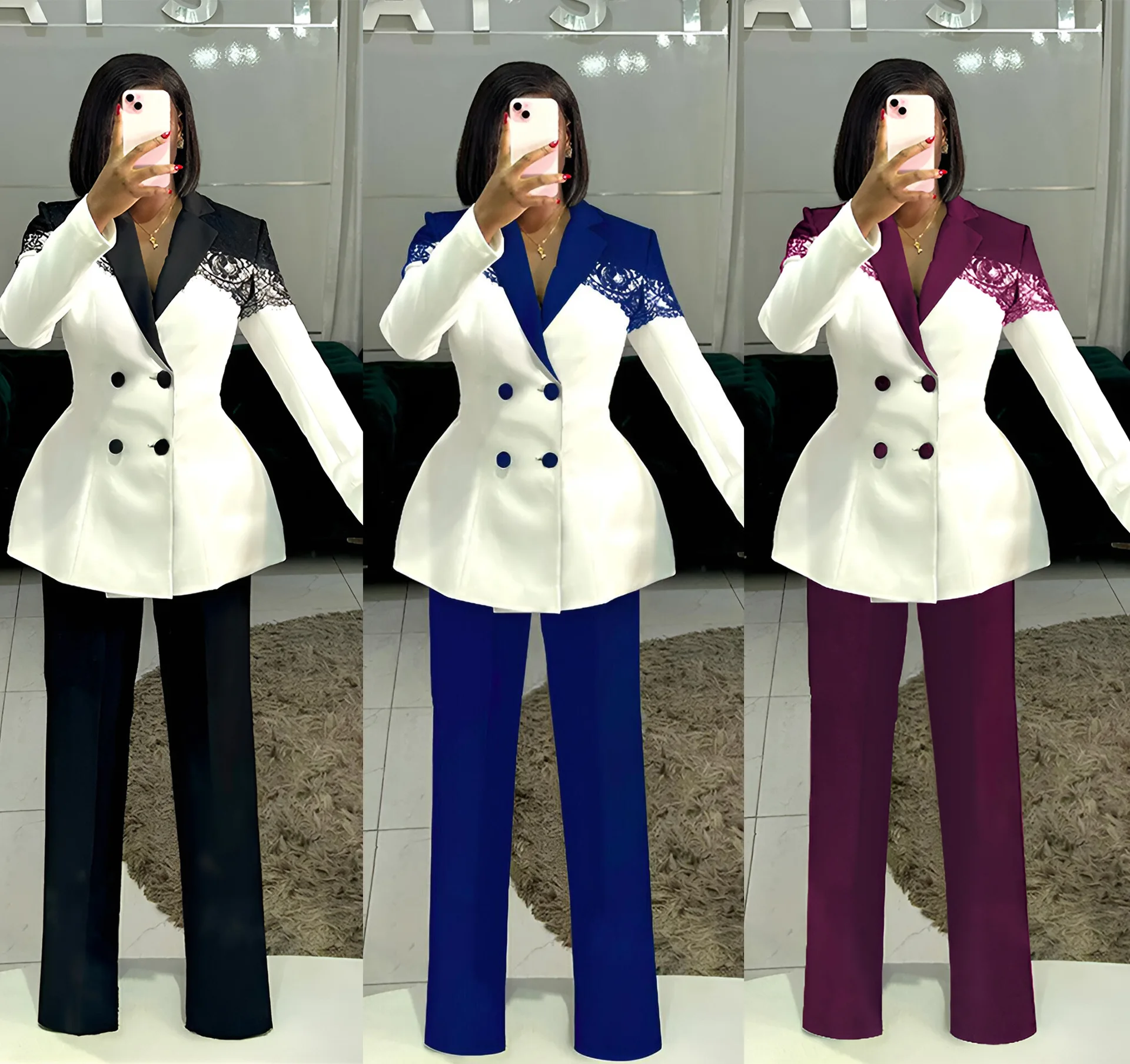 2026 recém chegados rendas apliques terno feminino duas peças conjunto moda botões duplos mangas compridas casaco e calças roupas senhora do escritório