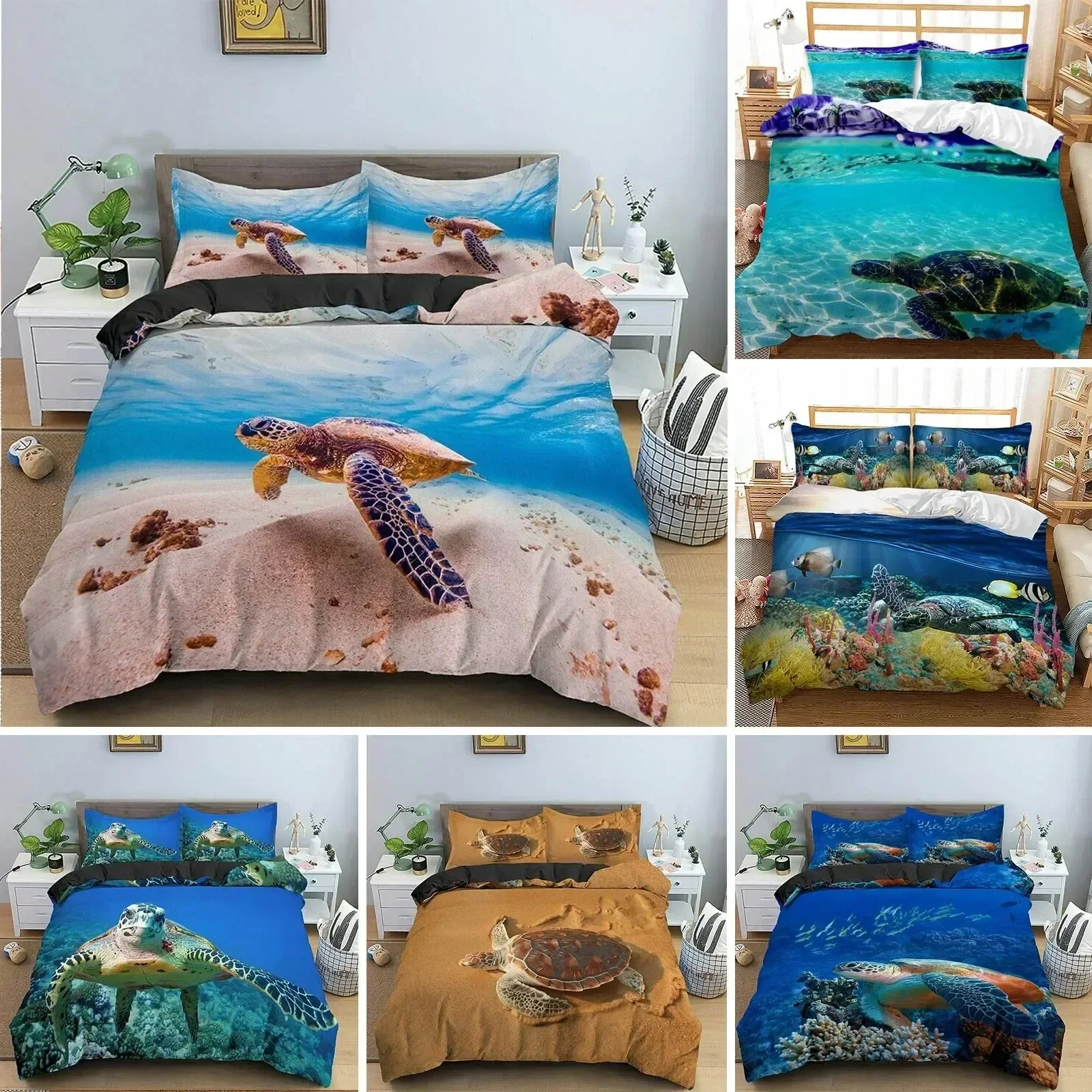 

Sea Turtle Duvet Cover King Size Shark Bedding Set,Ocean Animals Bed Set,Tortoise and Coral Printed Polyester Comforter Cover