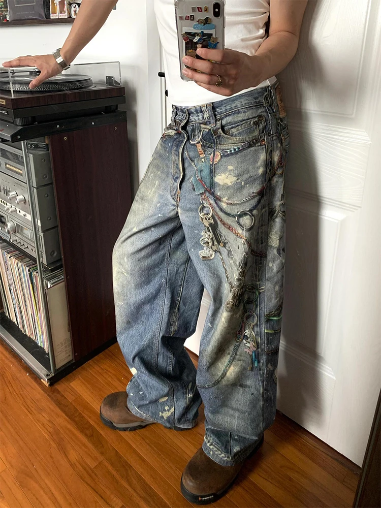 

Мужские джинсы в стиле ретро: американские винтажные прямые рабочие брюки с 3D-печатью, высокой талией, на молнии, свободного кроя