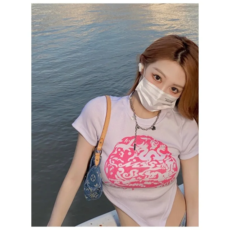 Y2K 스트릿웨어 빈티지 아메리칸 크롭탑 섹시 슬림핏 퍼니 프린트 반팔 티셔츠 신상 여름 섹시 패션 여성 상의 2025