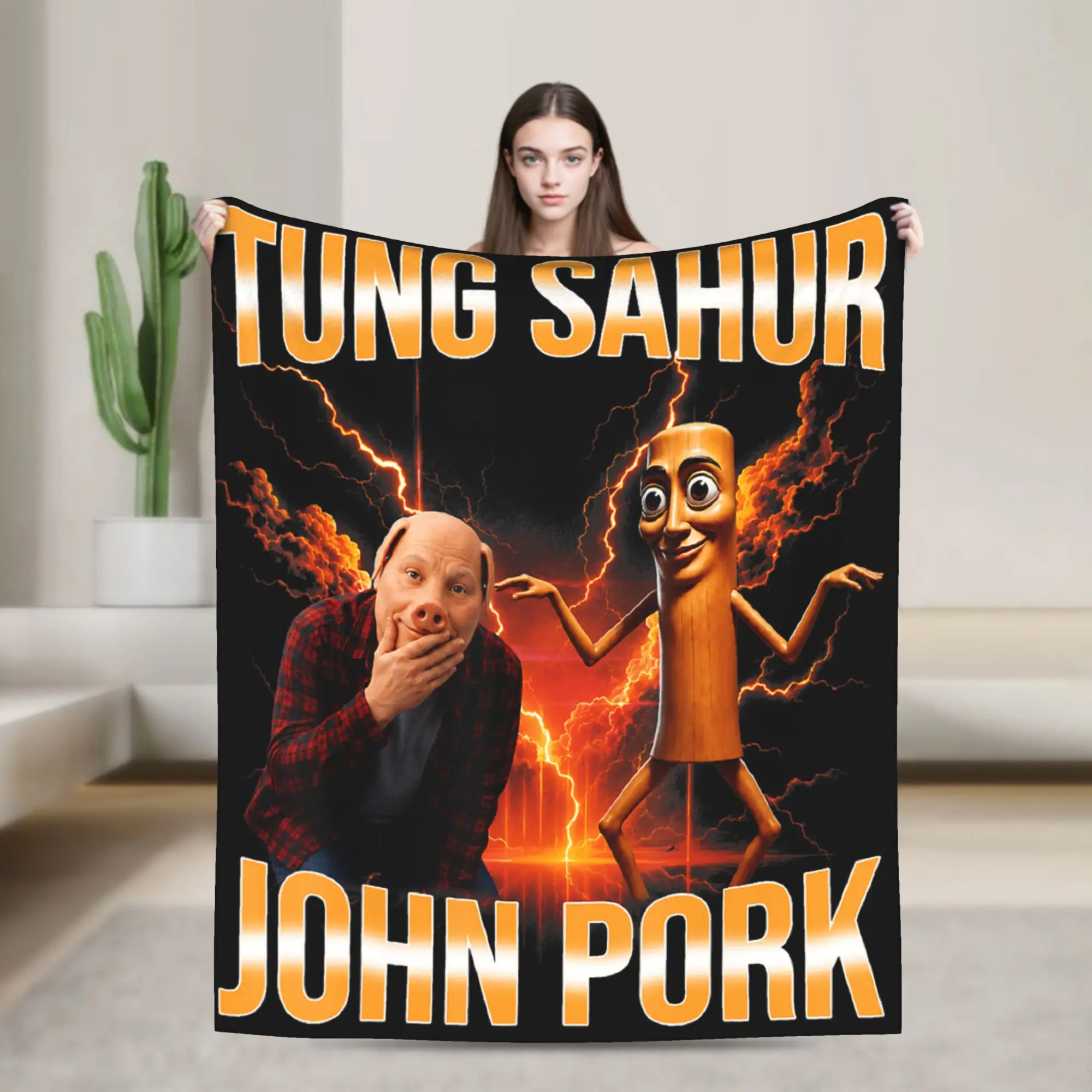 Tung Tung Tung Sahur John Pork Meme Brainrot Super Soft Blanket For Chair Sofa Bed Trend Throw Blanket Winter Flannel Bedspread
