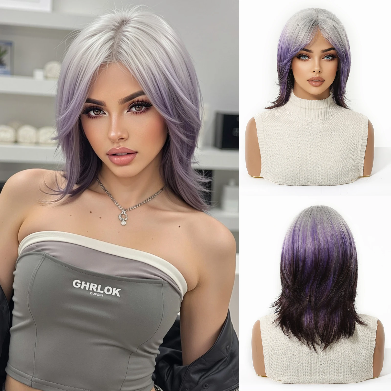 

Short Layered Straight Wigs Mullet Head Grey Mixed Purple Grey Synthetic Wig With Medium Part Bangs For Women Cosplay Halloween