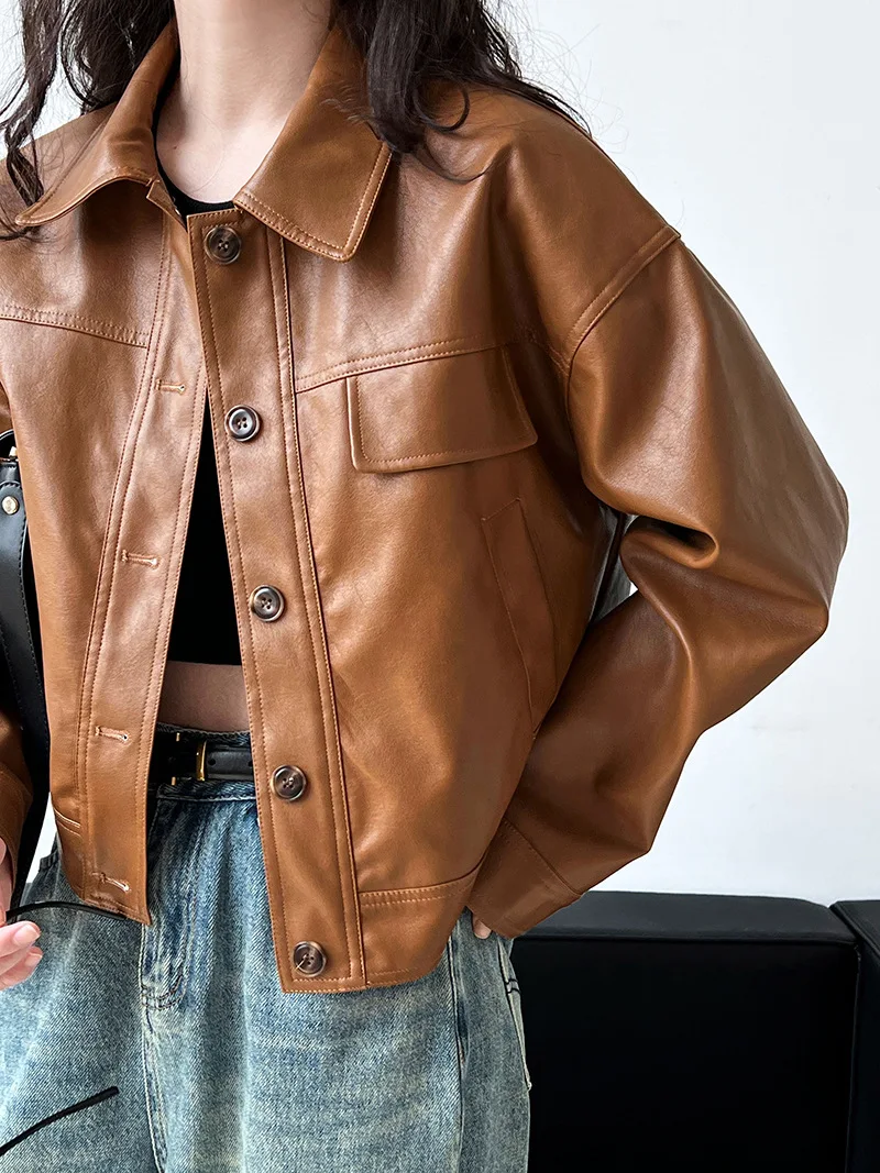 ENjoyce 2023 Autumn Vintage Women PU Leather Jacket Korean Fashion Lapel Cropped Top Motorcycle Biker y2k Coats 90s Clothes