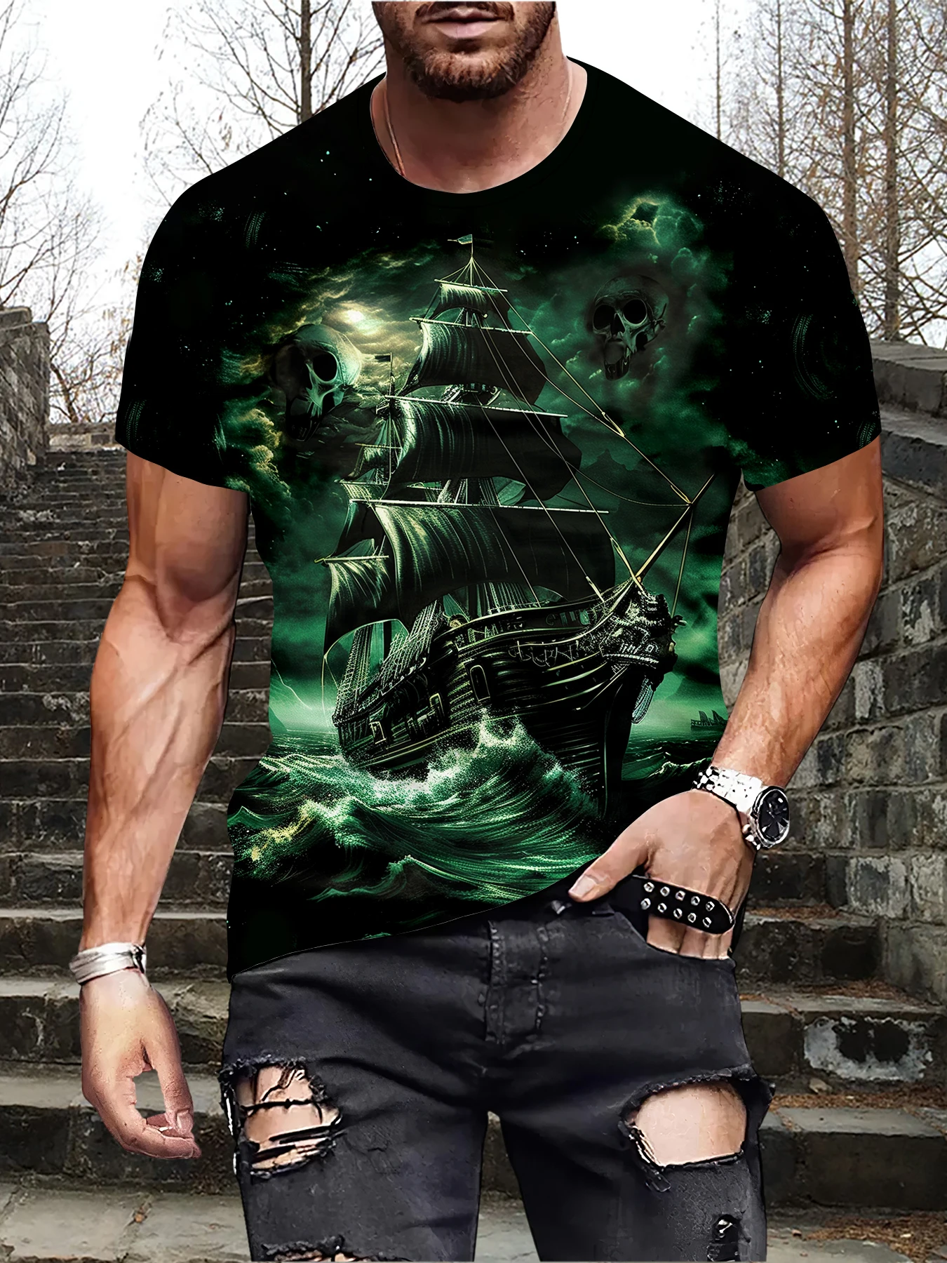 3D Digital Sailboat, Sea Wave And Skull Pattern Crew Neck  T-shirt, Novel And Stylish Summer Tops For Men's Street Wear