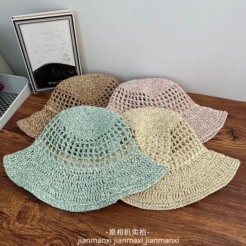Korean Version Mixed Color Hollow Straw Bucket Hat for Women's Summer Vacation Shade Large Brim Breathable Foldable Sun Caps
