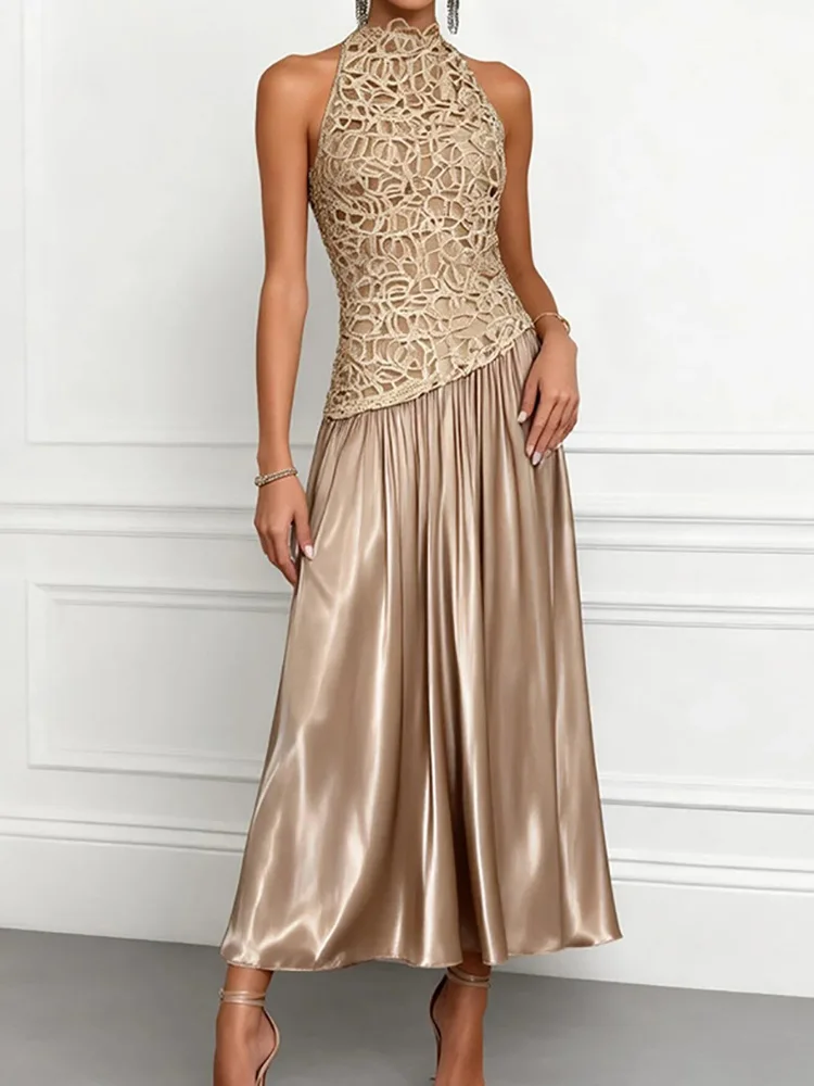 Damen Ärmelloses Patchwork Maxikleid Eleganter Stehkragen Schickes Sommer-Partykleid 2026 Urlaubs-Streetwear Mode Damenkleid