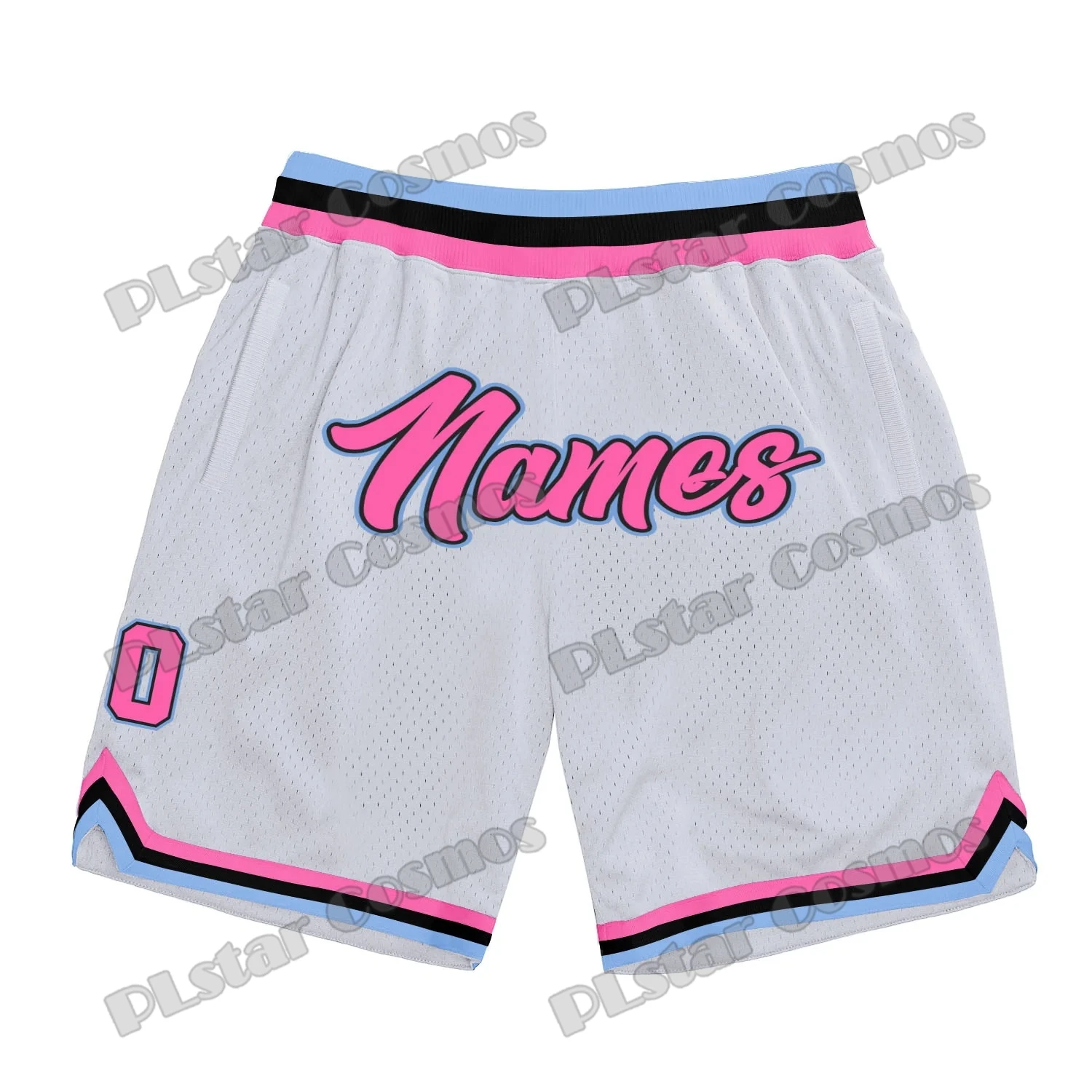 Nome e numero personalizzati pantaloncini da basket bianchi rosa-azzurro stampati in 3D pantaloncini sportivi in rete traspirante estiva da uomo