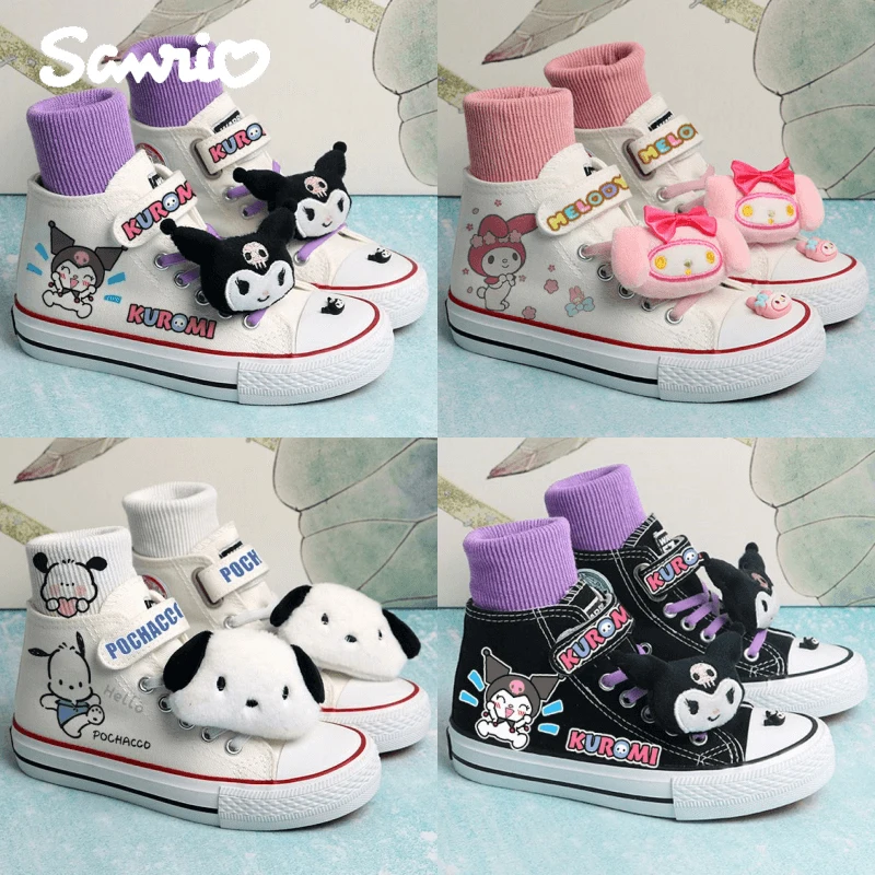 Sanrios My Melody Kuromi pochacco อะนิเมะ Kawaii high TOP รองเท้าผ้าใบเด็กการ์ตูนตุ๊กตากีฬารองเท้าสีขาว sepatu kets anak Laki-Laki