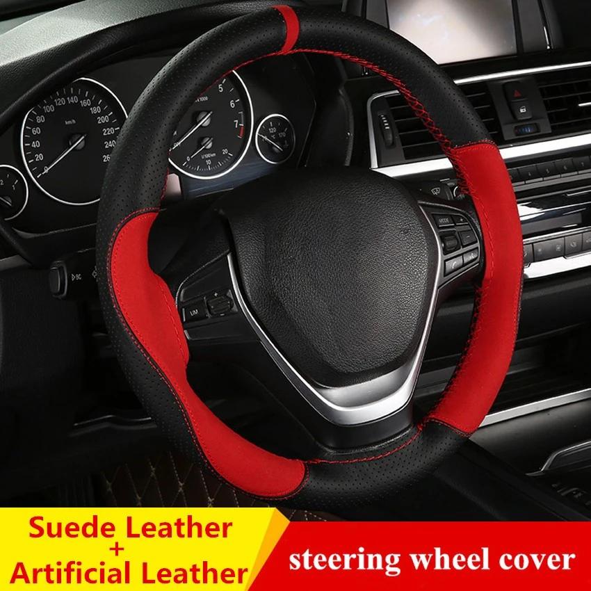 38cm Car Steering Wheel Cover Artificial Leather + Suede Leather Steering Wheel Cover Soft Anti slip Braid With Needles Thread