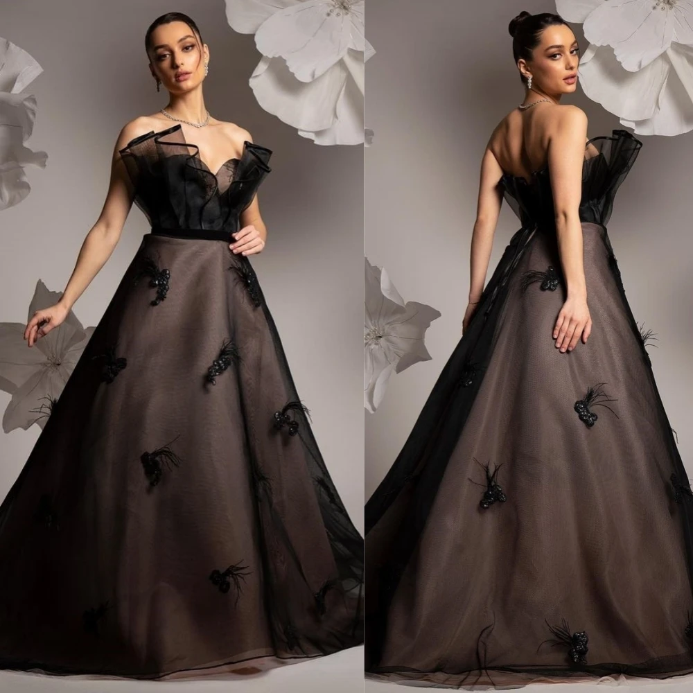 Customized    Net Feather Ruffle Graduation A-line Sweetheart Bespoke Occasion Gown Long Dresses     