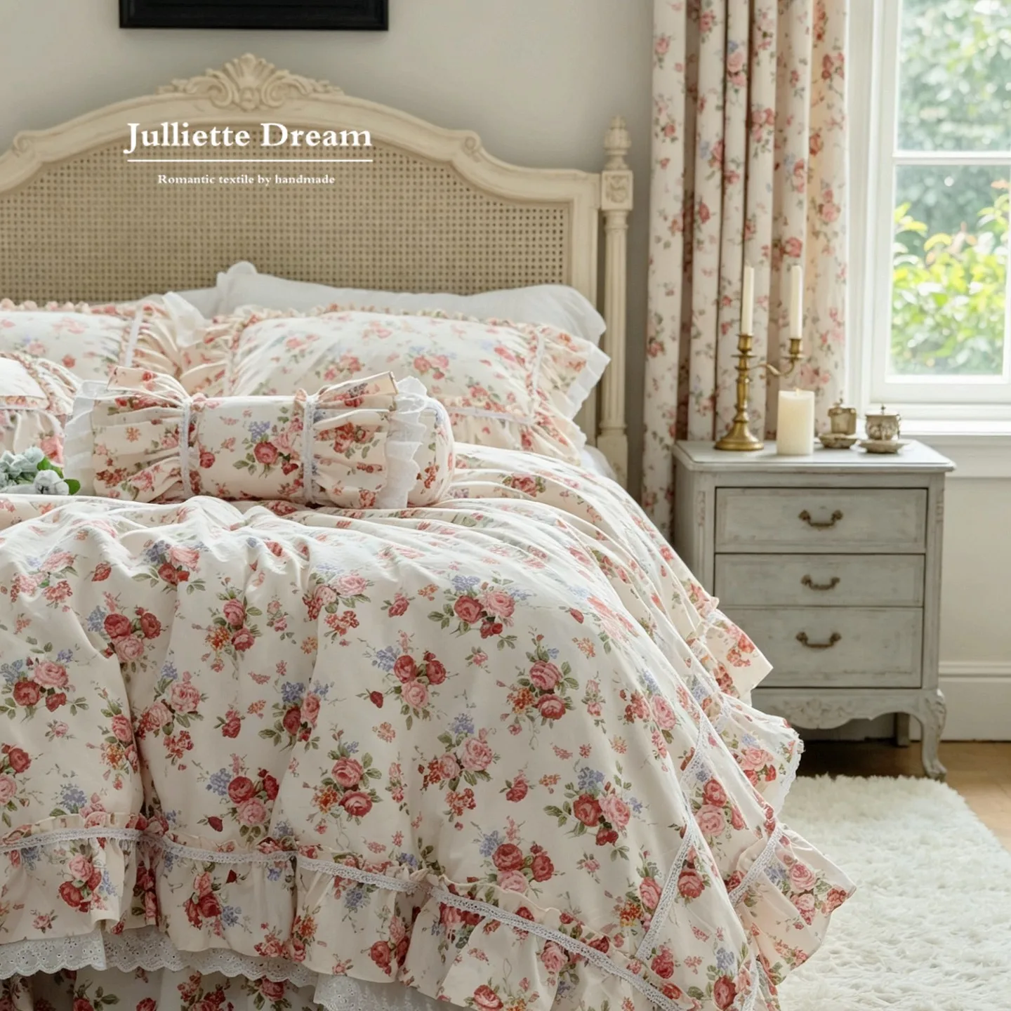 French Retro Princess Bedding Set Rosette Manor Style Ruffle Bed Skirt 100% Cotton Duvet Cover Set Vintage Floral Quilt Covers