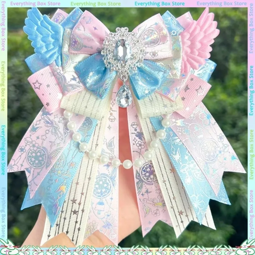 New Double Layer Bow Brooch Gemstone Pendant Bead Chain Butterfly Knot Brooch Handmade DIY Angel Wings Brooch Cosplay Accessory