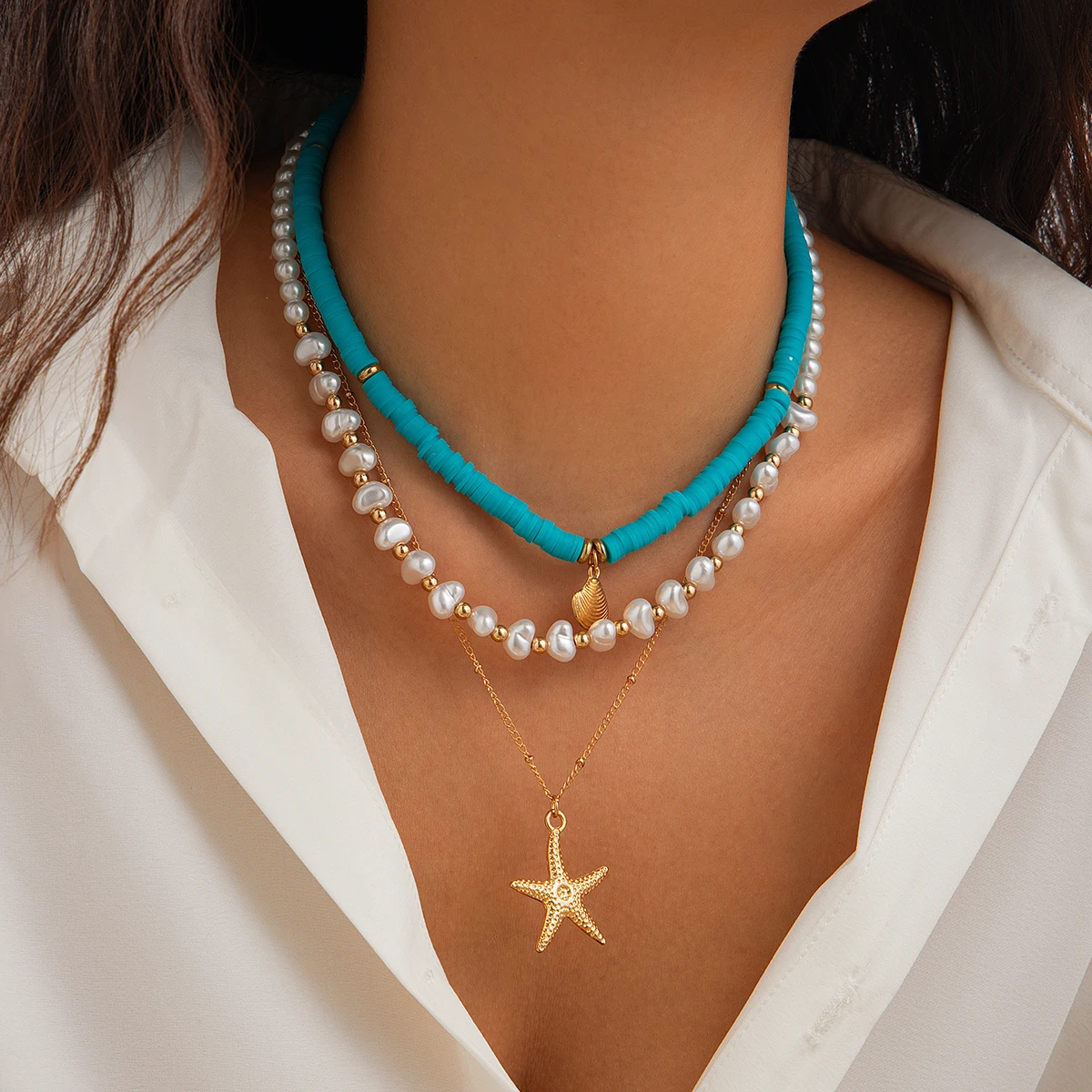 

Vintage Beach Style Necklace with Imitation Pearls Sea Star Shells Beads for Women Jewelry Accessories