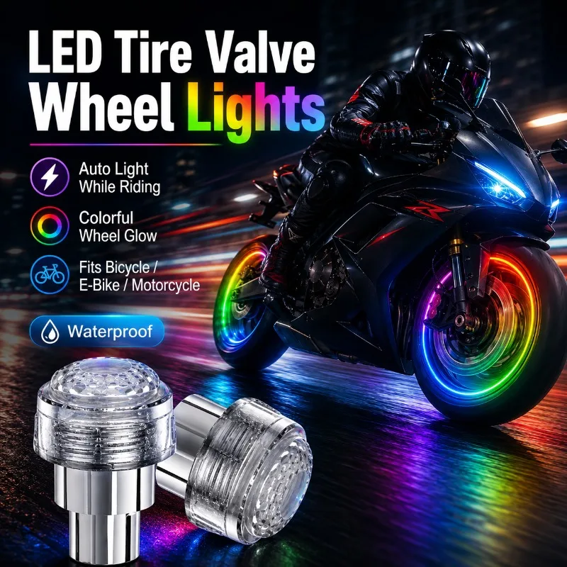 2/4PCS Waterproof LED Tire Valve Stem Lights, Motion Activated Colorful Wheel Glow Lamps for Bicycle, E-Scooter and Motorcycle