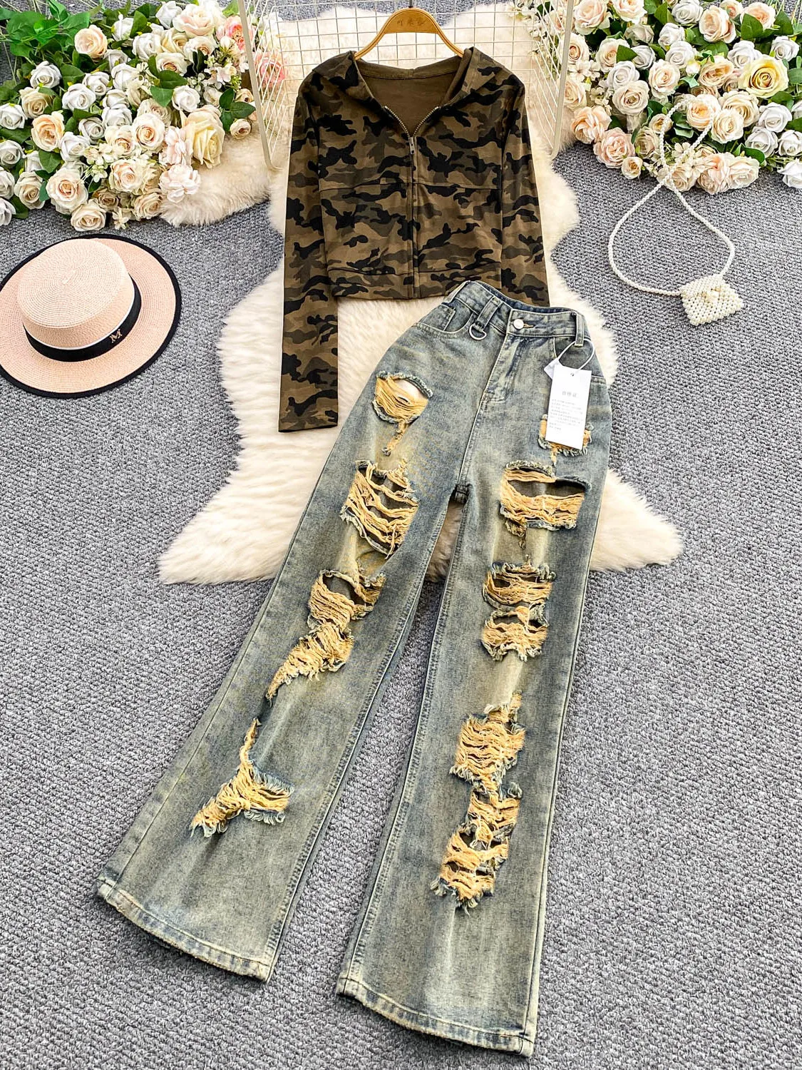 

Американский повседневный камуфляжный комплект джинсов с капюшоном и утягивающими джинсами с высокой талией для молодых женщин, моющийся и ...