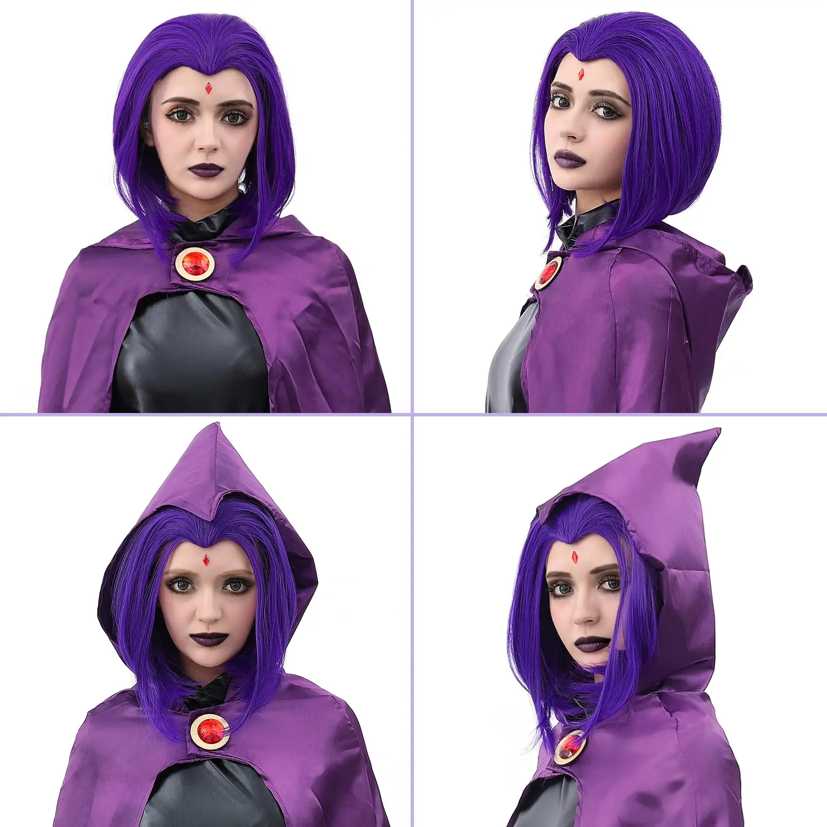 Dunkelviolette Kaltton-Kurzwellen-Kunstfaser-Synthetikperücke | Dunkler Stil Cartoon-Charakter Cosplay-Perücke – Detail 6