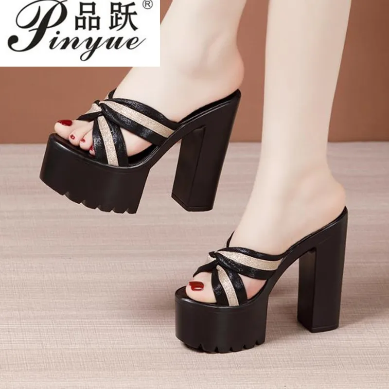 

14cm Outside Summer Thick Bottom Slides Platform Shoes Block High Heels occupation Slippers Office Model sandal Size 32-43