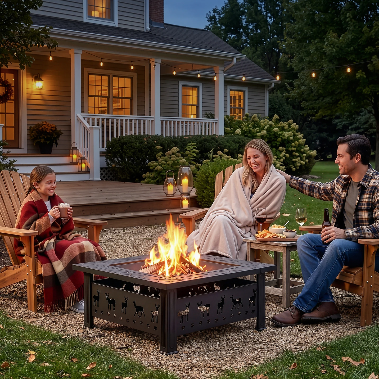 32 Inch Outdoor Wood Burning Fire Pit Square Metal Firepit Table Heavy Duty Wrought Iron Fire Bowl with Spark Screen Lid Fire Poker Decorative Elk Cutout for Backyard Patio Garden Lawn Camping Black