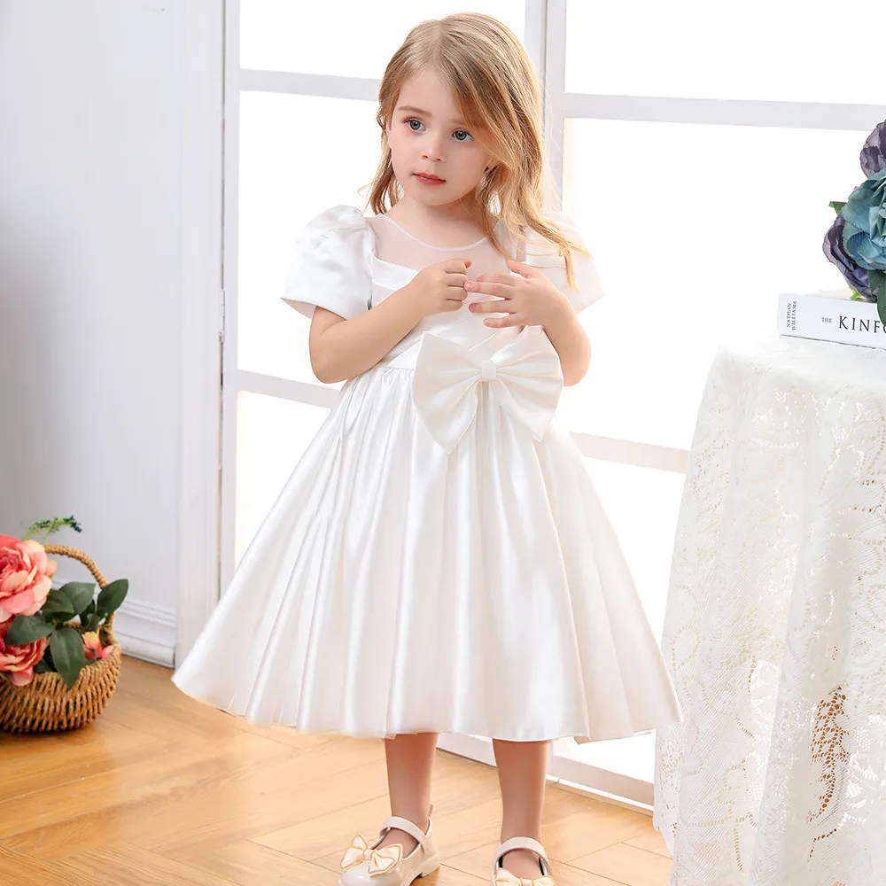 

Pink Princess Flower Girl Dress, Satin Puff Sleeve Ball Gown with Bow, for Wedding Party, Toddler & Kids Formal Occasion Outfi